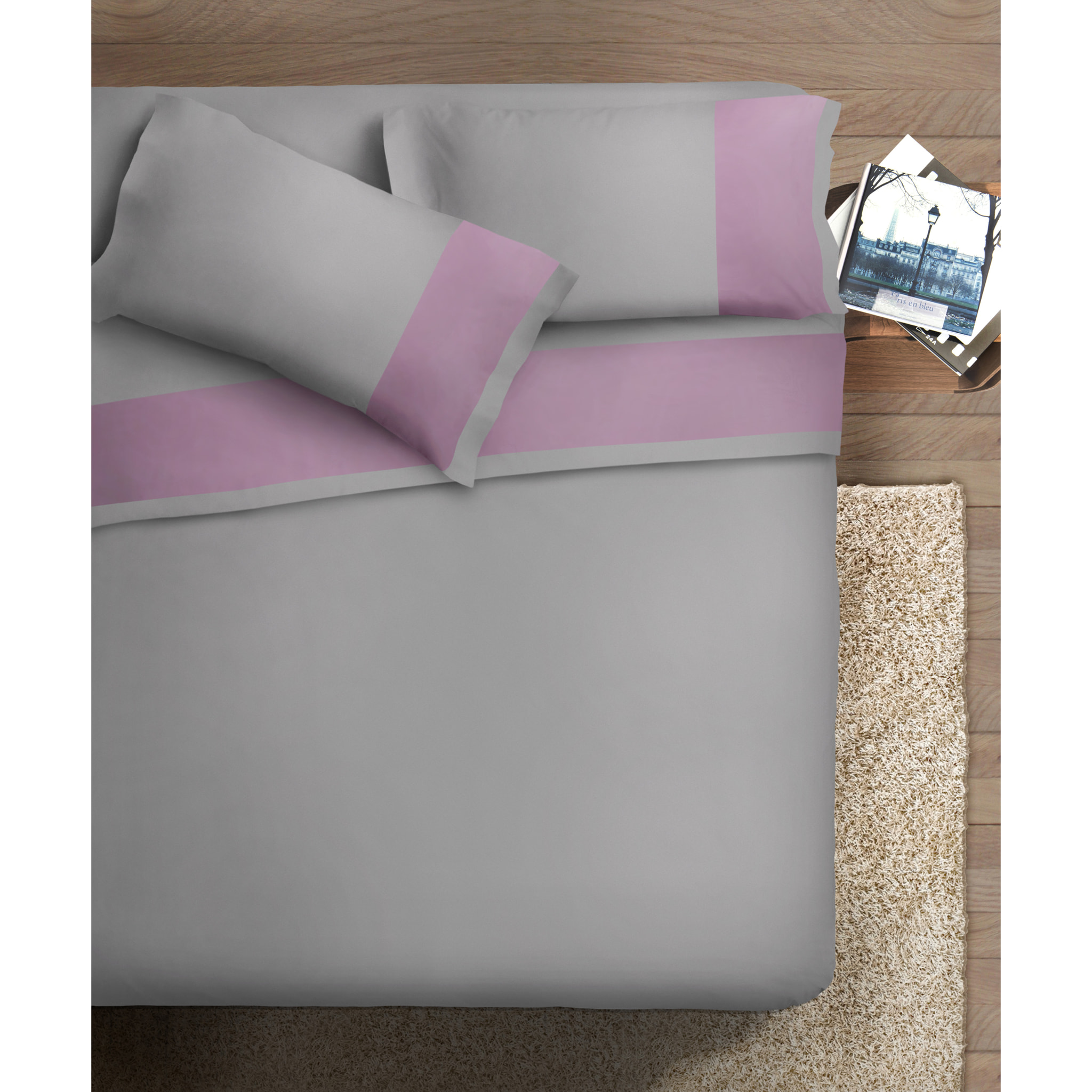 Completo letto bordo RASO IPERSAN Puro Cotone Malva fondo Grigio