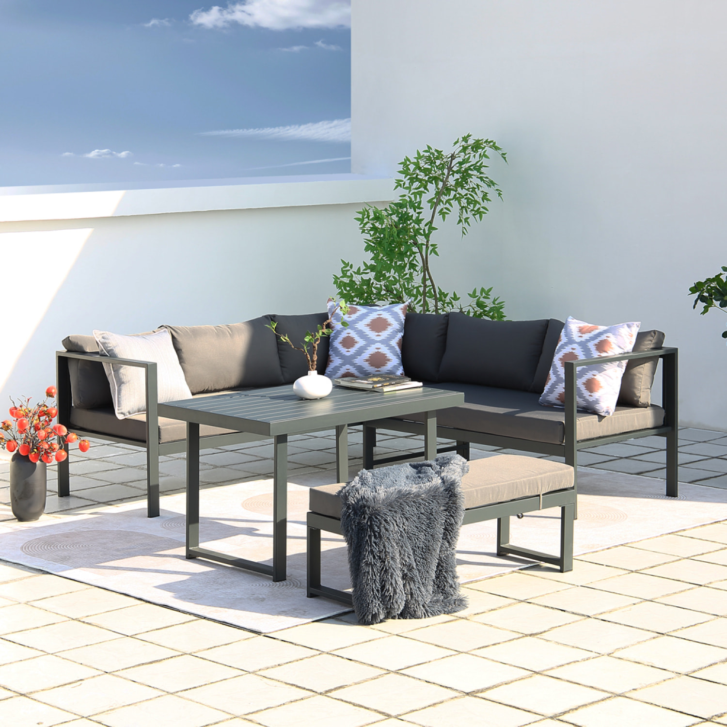 Salon de jardin gris foncé 6 places canapé + banc SATIPO