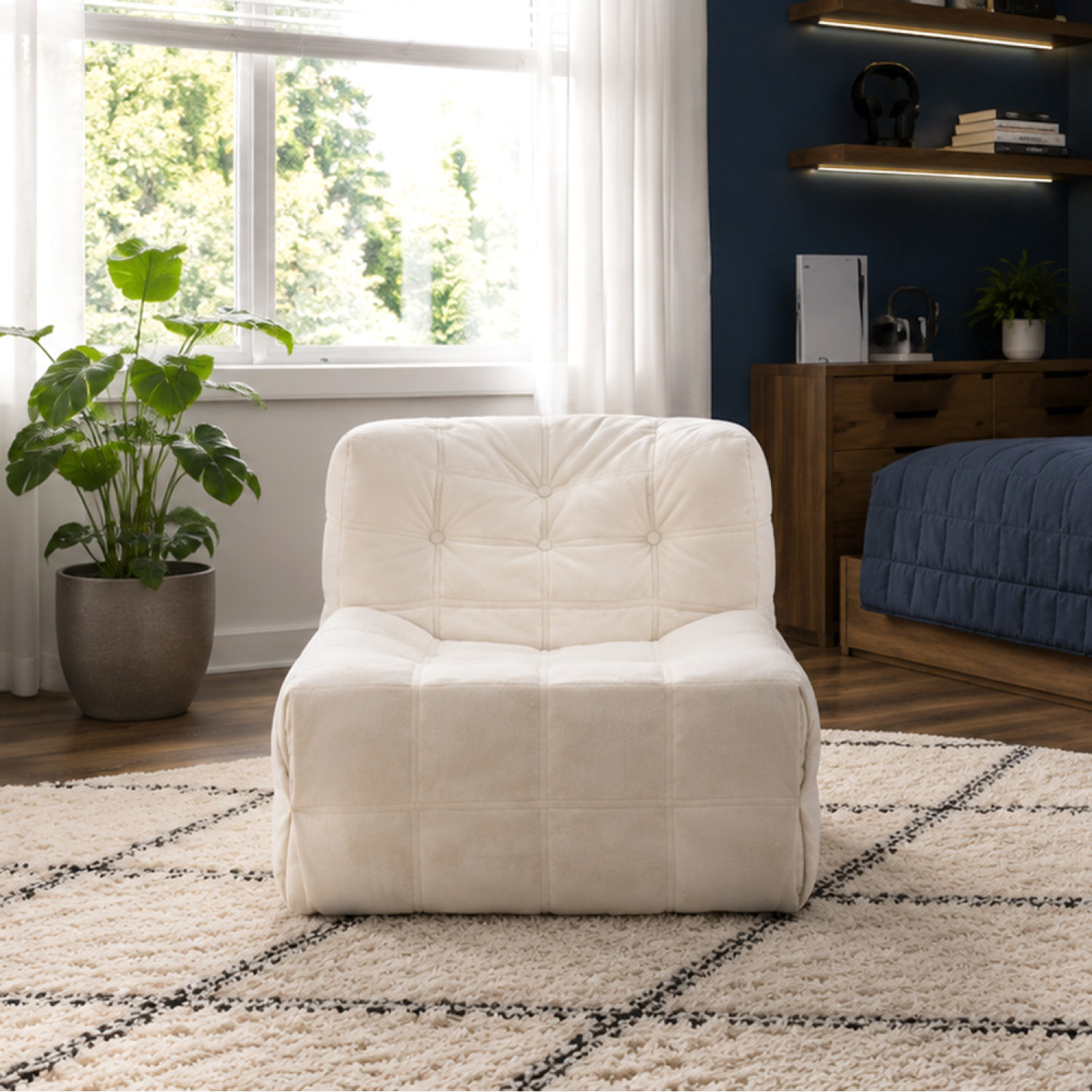 Fauteuil pouf compressé en velours beige ROSTOCK
