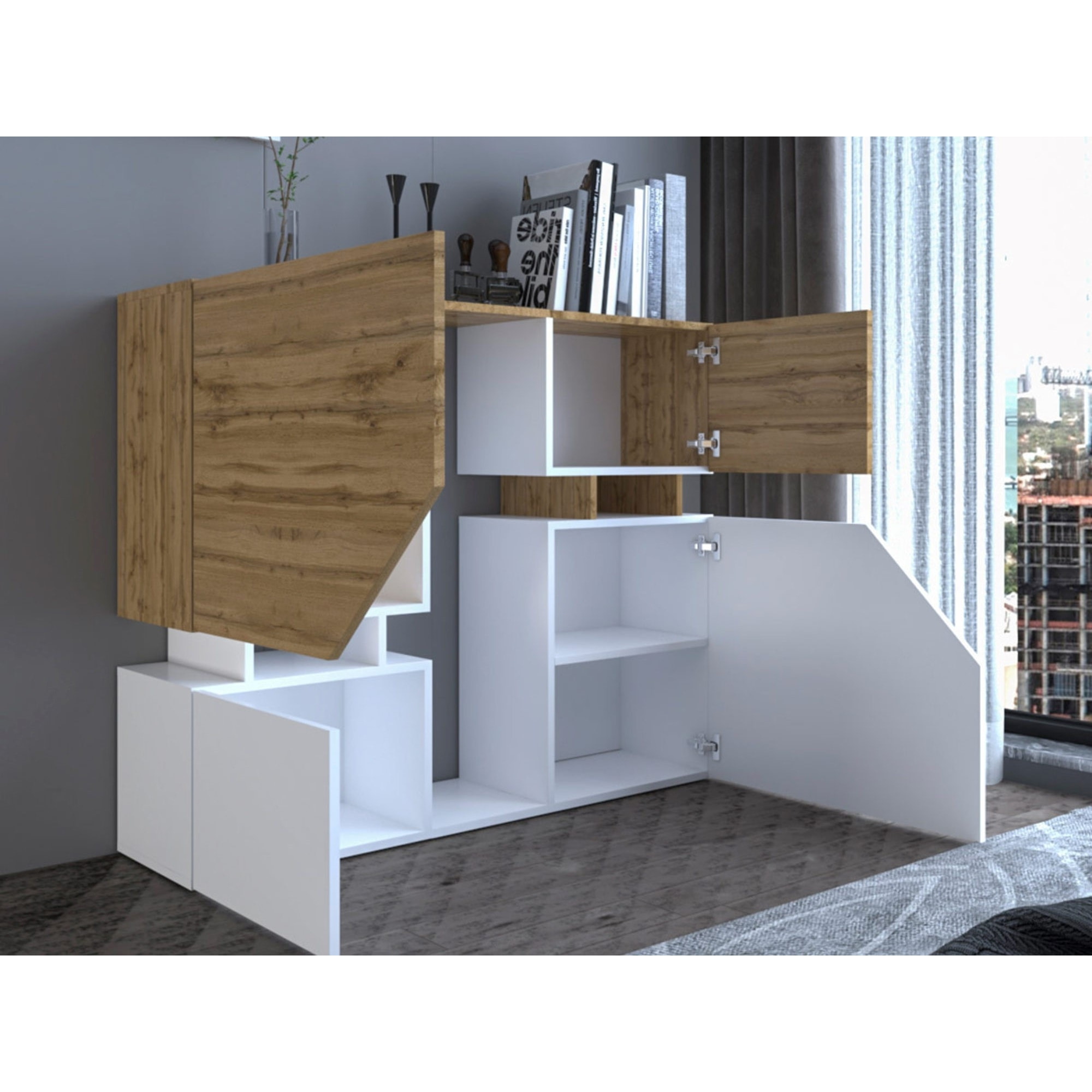 Pitt - buffet haut - 4 portes - 120 cm - Bois / Blanc