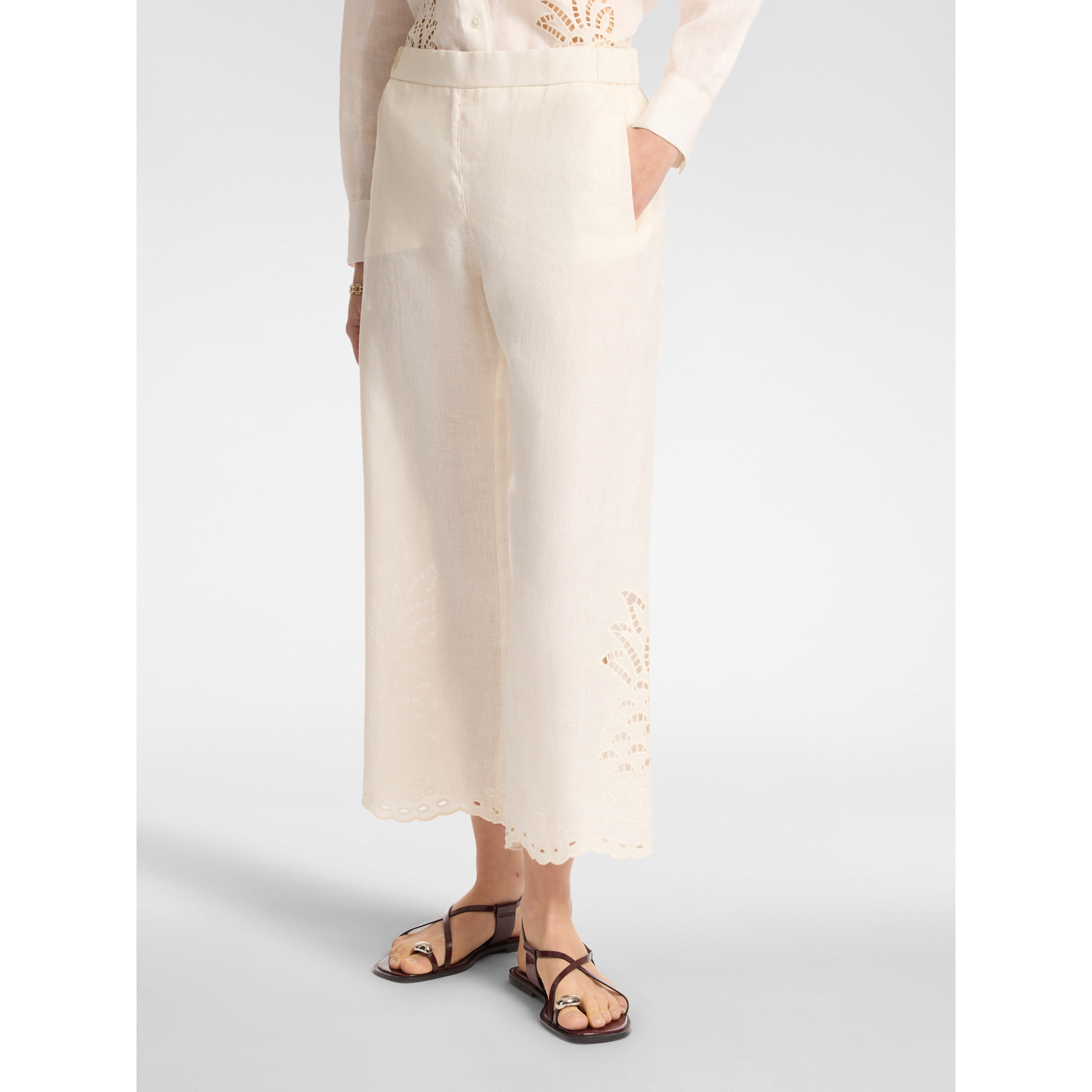 Elena Mirò - Pantalón cropped de lino bordado - Blanco