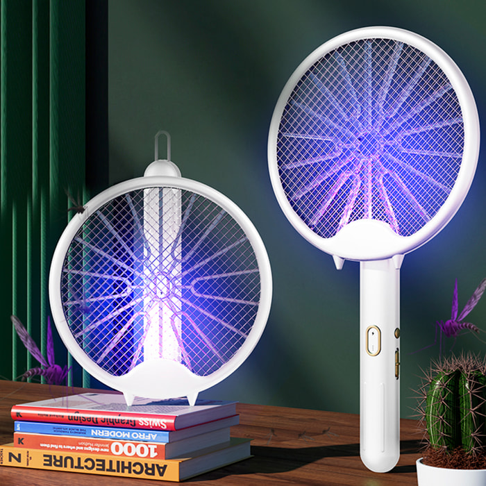 Racchetta elettrica W1 a doppio uso, uccide zanzare, mosche e falene. Batteria al litio. Luce ultravioletta 360°.