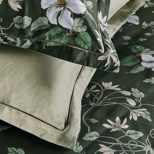 Taie d'oreiller satin de coton imprimé vert Gardenias mousse