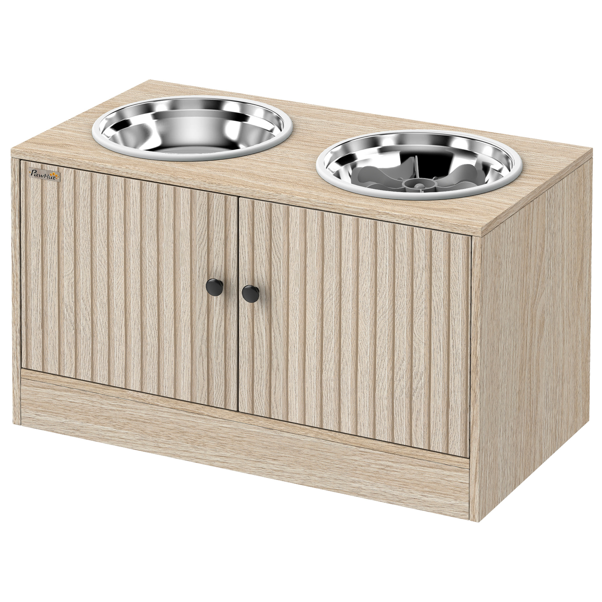 Gamelle double chien - porte-gamelles surélevé rangement 2 en 1 - 2 portes - effet bois naturel