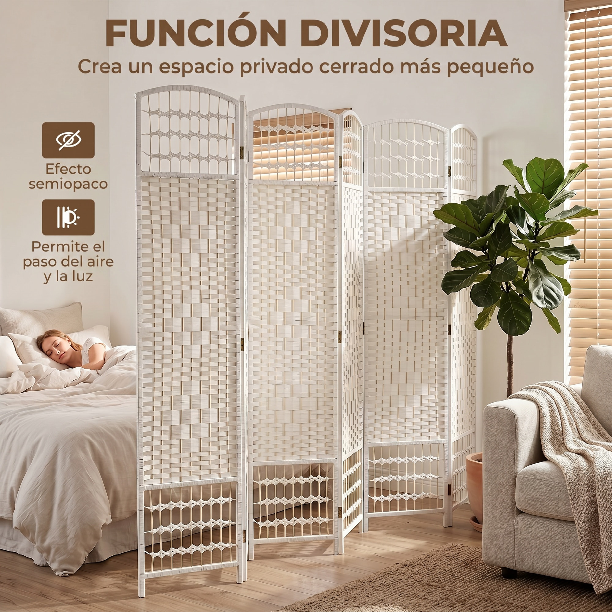HOMCOM Biombo Plegable de 6 Paneles, 240x170 cm, Biombo Separador de Ambientes de Cuerda de Papel, Marco de Madera, Decoración para Dormitorio, Salón, Blanco