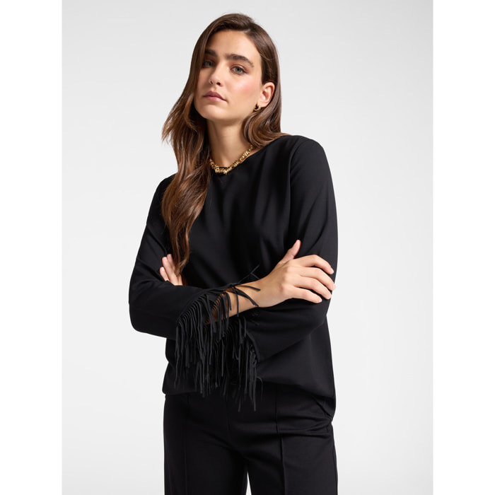 Elena Mirò - T-shirt con frange a fondo manica - Nero