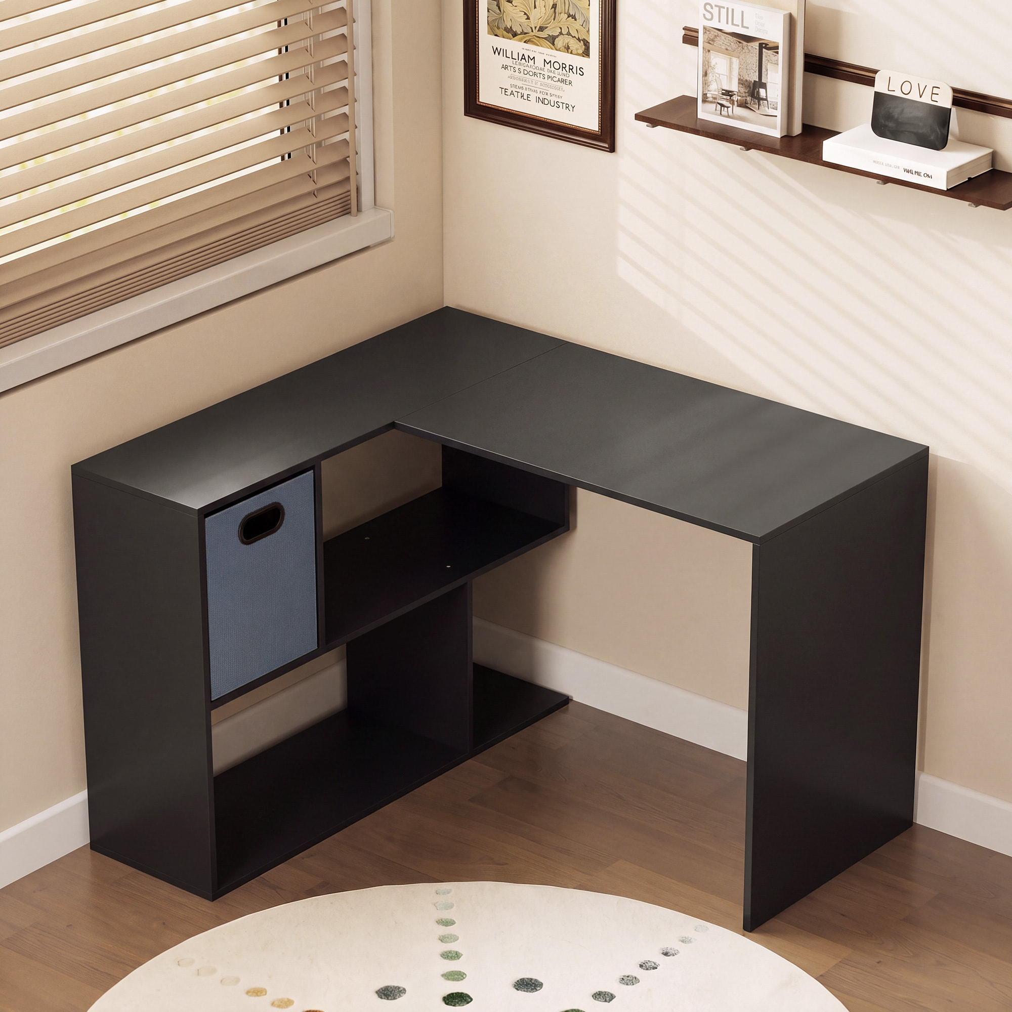 Bureau d'angle tiroir non tissé gris étagère 3 compartiments dim. 110 x 100 x 75 cm noir