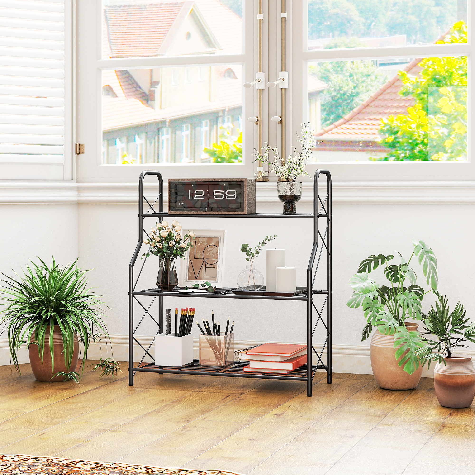 Soporte para Plantas de 3 Niveles para Interior y Exterior, Estantería para Plantas de Metal con Patas Ajustables y Asas, Resistente y Estable, para Macetas, Patio, Jardín, Balcón, Negro