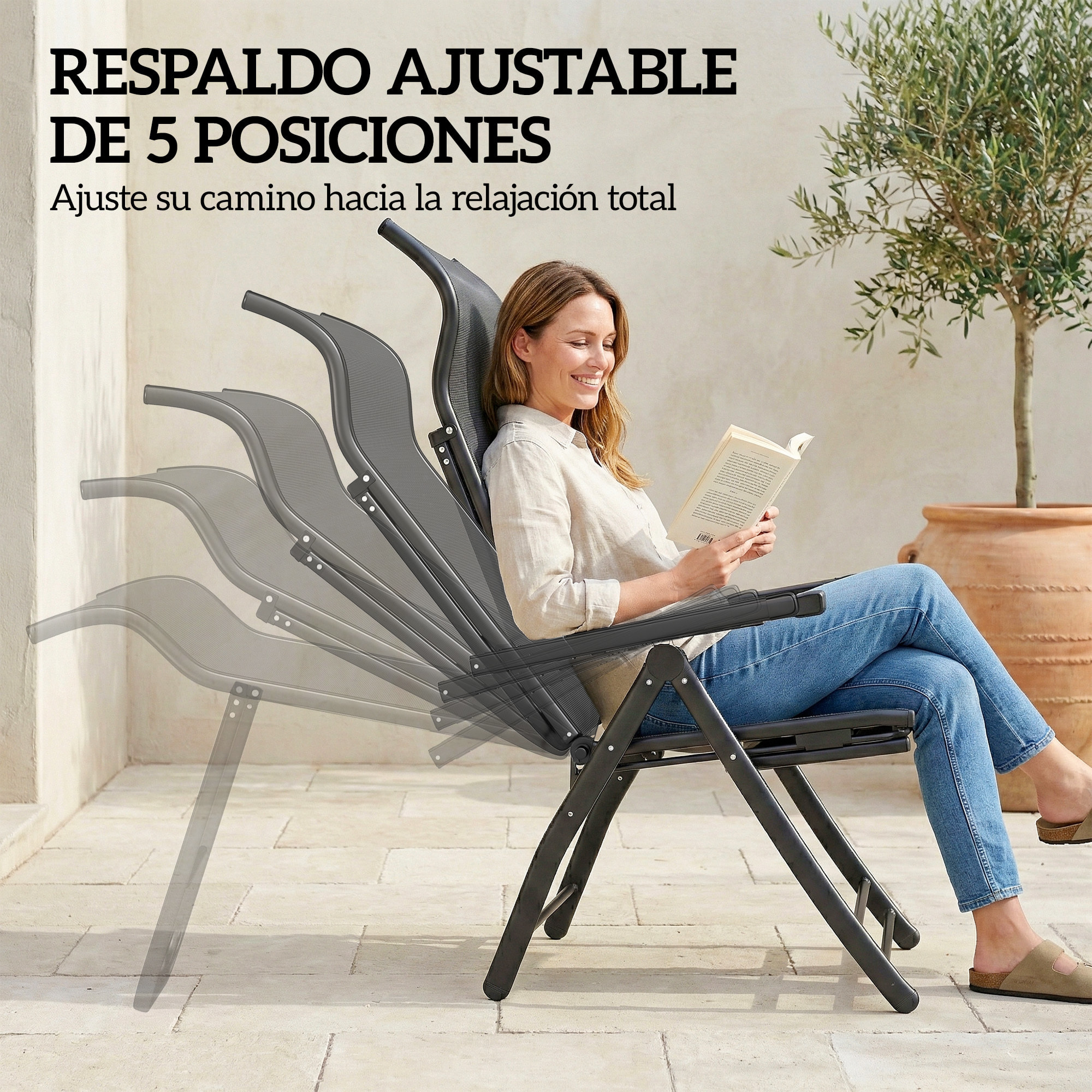 Pack de 2 Sillas Plegables Reclinables, Sillas de Jardín Exterior con Respaldo Alto Curva Ajustable en 5 Posiciones, Reposapiés Retráctil y Marco de Metal, para Patio, Playa, Gris Oscuro
