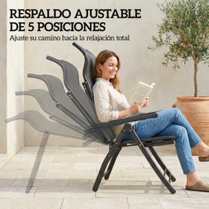 Pack de 2 Sillas Plegables Reclinables, Sillas de Jardín Exterior con Respaldo Alto Curva Ajustable en 5 Posiciones, Reposapiés Retráctil y Marco de Metal, para Patio, Playa, Gris Oscuro
