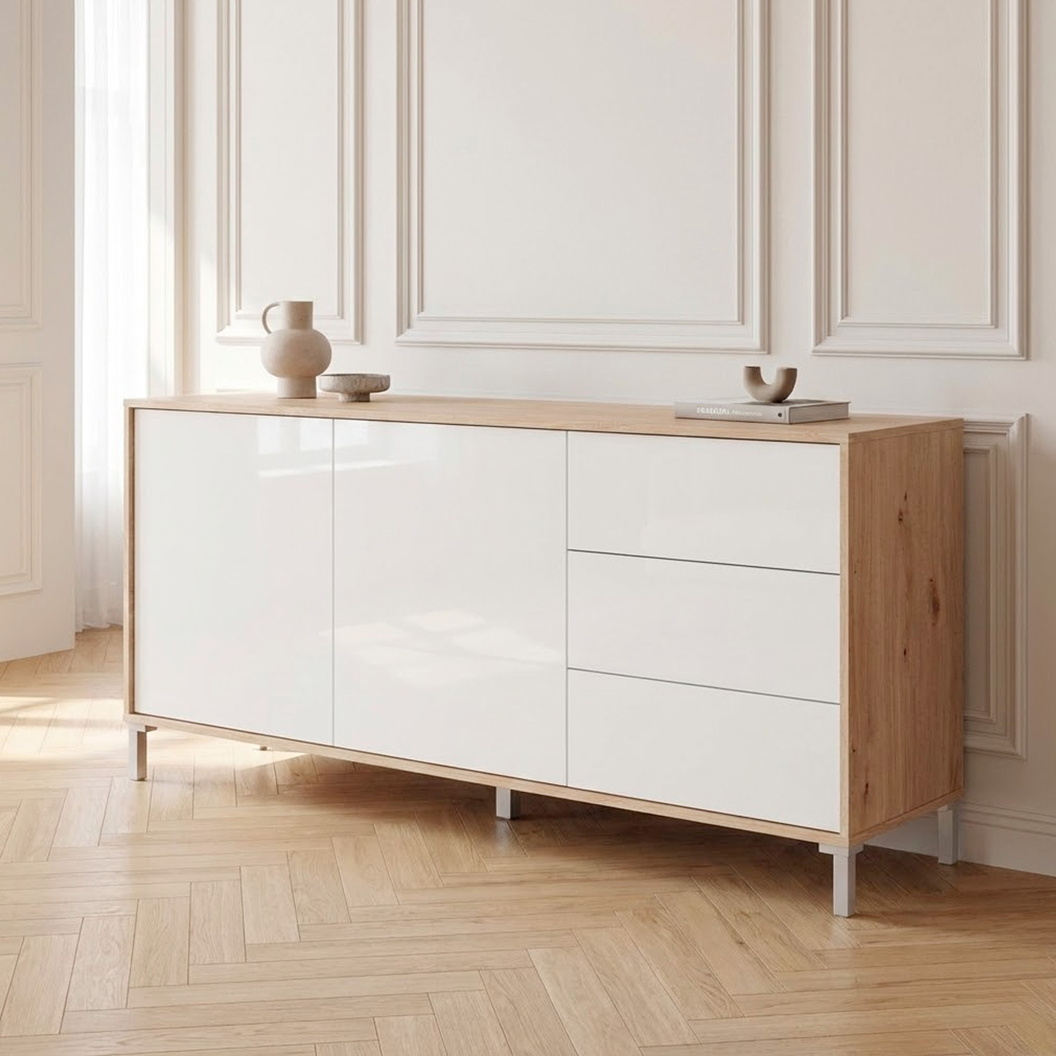 Credenza Madia Con 2 Ante E 3 Cassetti Mobile Contenitore Moderno Con Ripiani Interni Guide In Metallo E Piedini ABS 154 x 41 x 75 Cm Rovere E Bianco