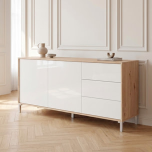 Credenza Madia Con 2 Ante E 3 Cassetti Mobile Contenitore Moderno Con Ripiani Interni Guide In Metallo E Piedini ABS 154 x 41 x 75 Cm Rovere E Bianco