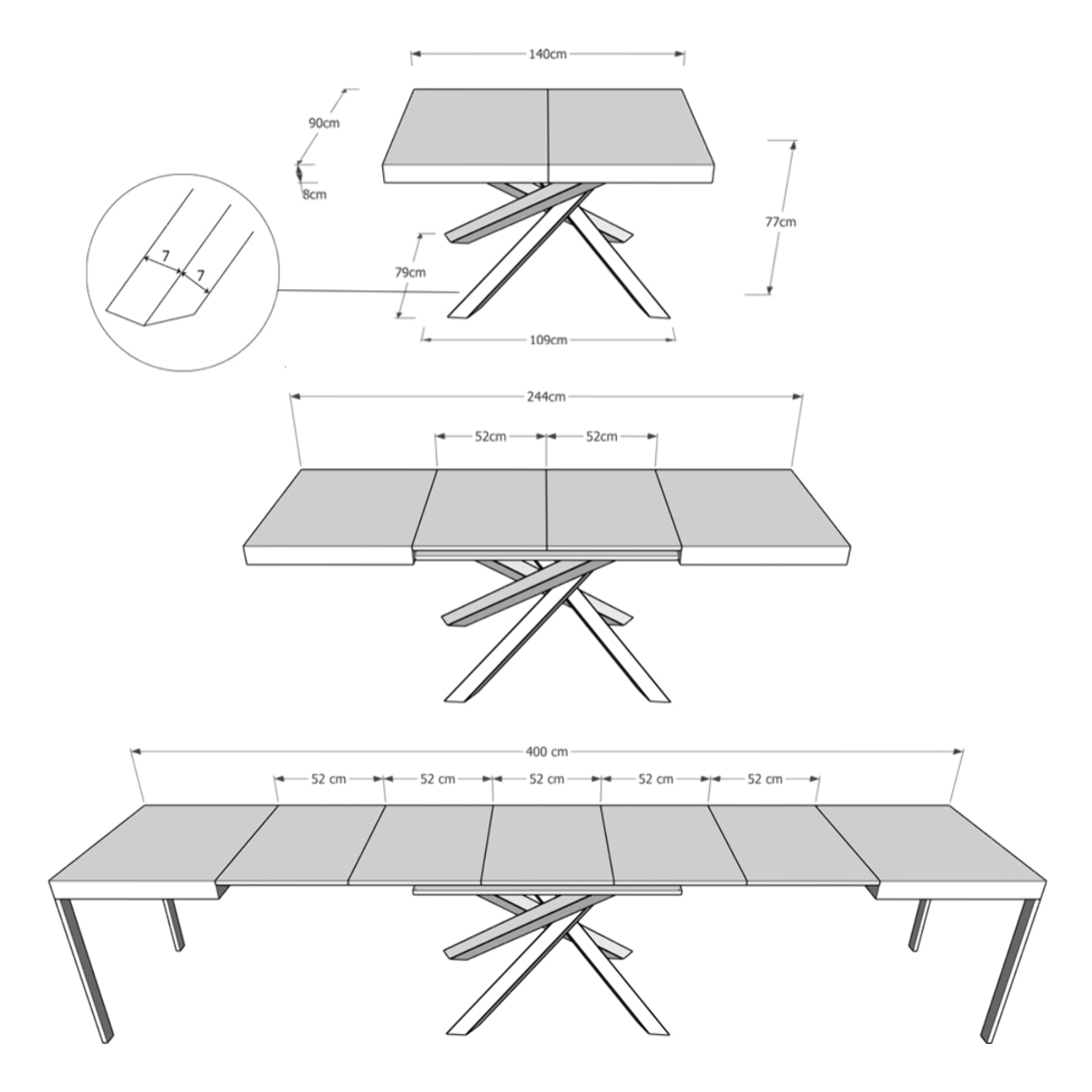 Mesa extensible 90x140/400 cm Volantis Cemento estructura blanco