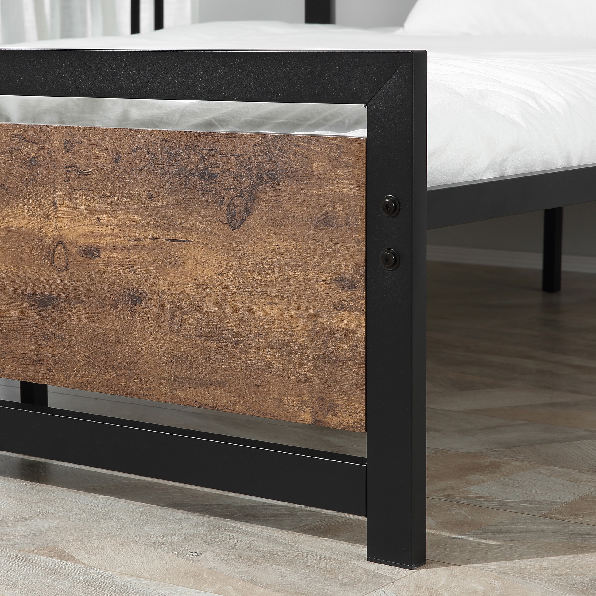 Lit double design industriel - tête de lit, pied de lit et sommier - dim. 195L x 144l x 103H cm - compatible matelas 190L x 140l cm - acier noir MDF aspect bois avec veinage