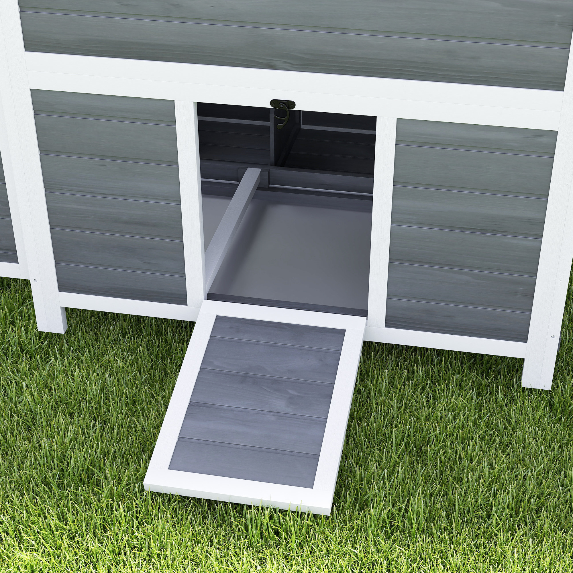 Poulailler cottage en bois 3 pondoirs toit ouvrant porte 2 fenêtres plateau déjection 100x86x100cm gris blanc noir