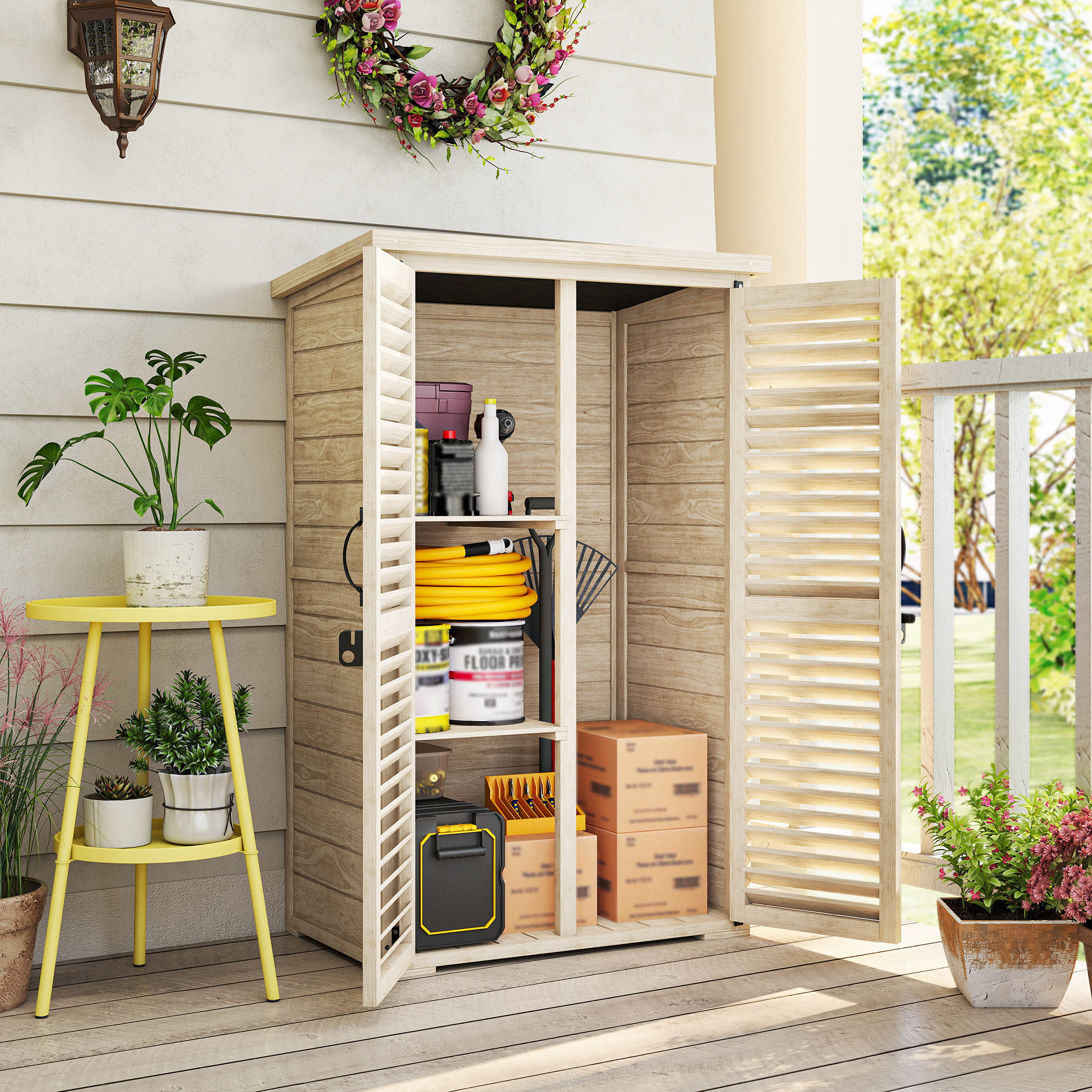 Caseta de Jardín de Madera, 75x50x118 cm, Cobertizo Jardín Exterior, Armario para Almacenaje Herramientas, con 2 Puertas de Persiana 2 Estantes y Techo Impermeable para Patio Terraza, Natural