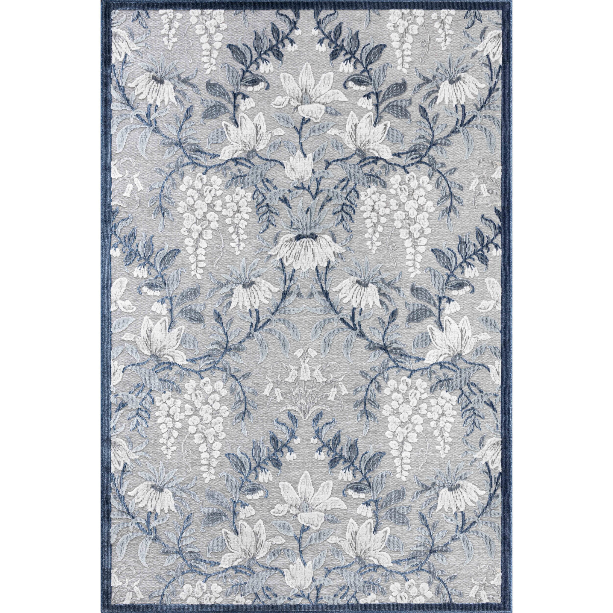 GARDEN - Tapis d'intérieur / extérieur à motif floral bleu, gris, blanc