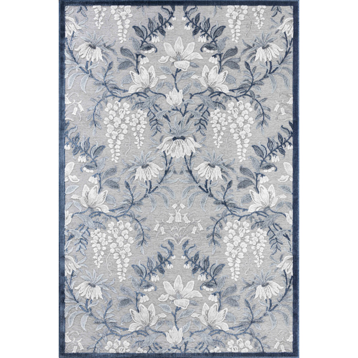 GARDEN - Tapis d'intérieur / extérieur à motif floral bleu, gris, blanc