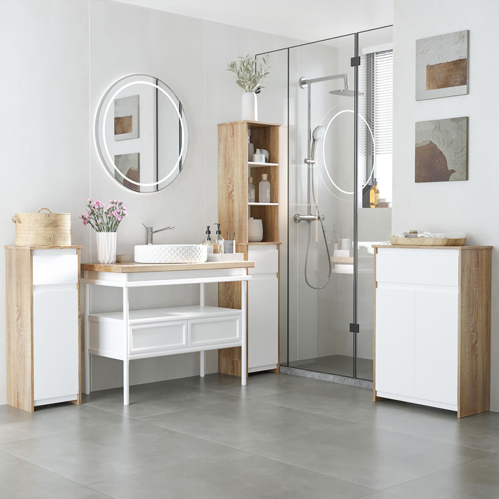 Meuble colonne rangement salle de bain style cosy 3 niches tiroir placard avec étagère blanc aspect chêne clair