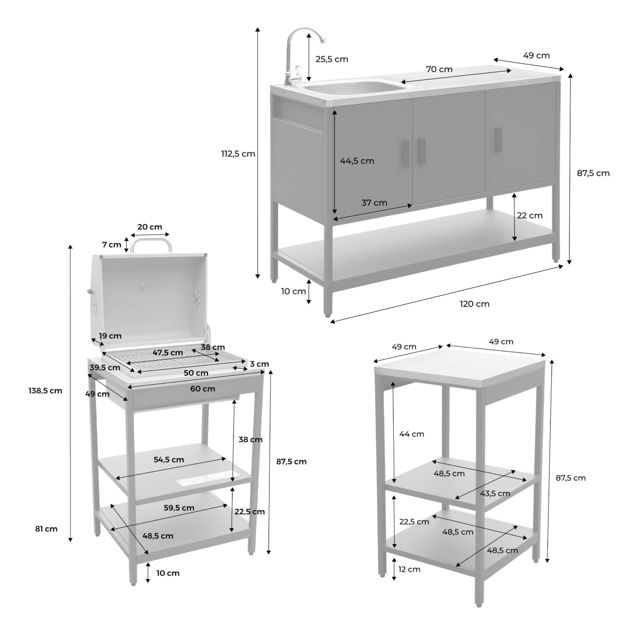Cuisine extérieure 3 modules acier inoxydable avec barbecue charbon bleu gris Naxos