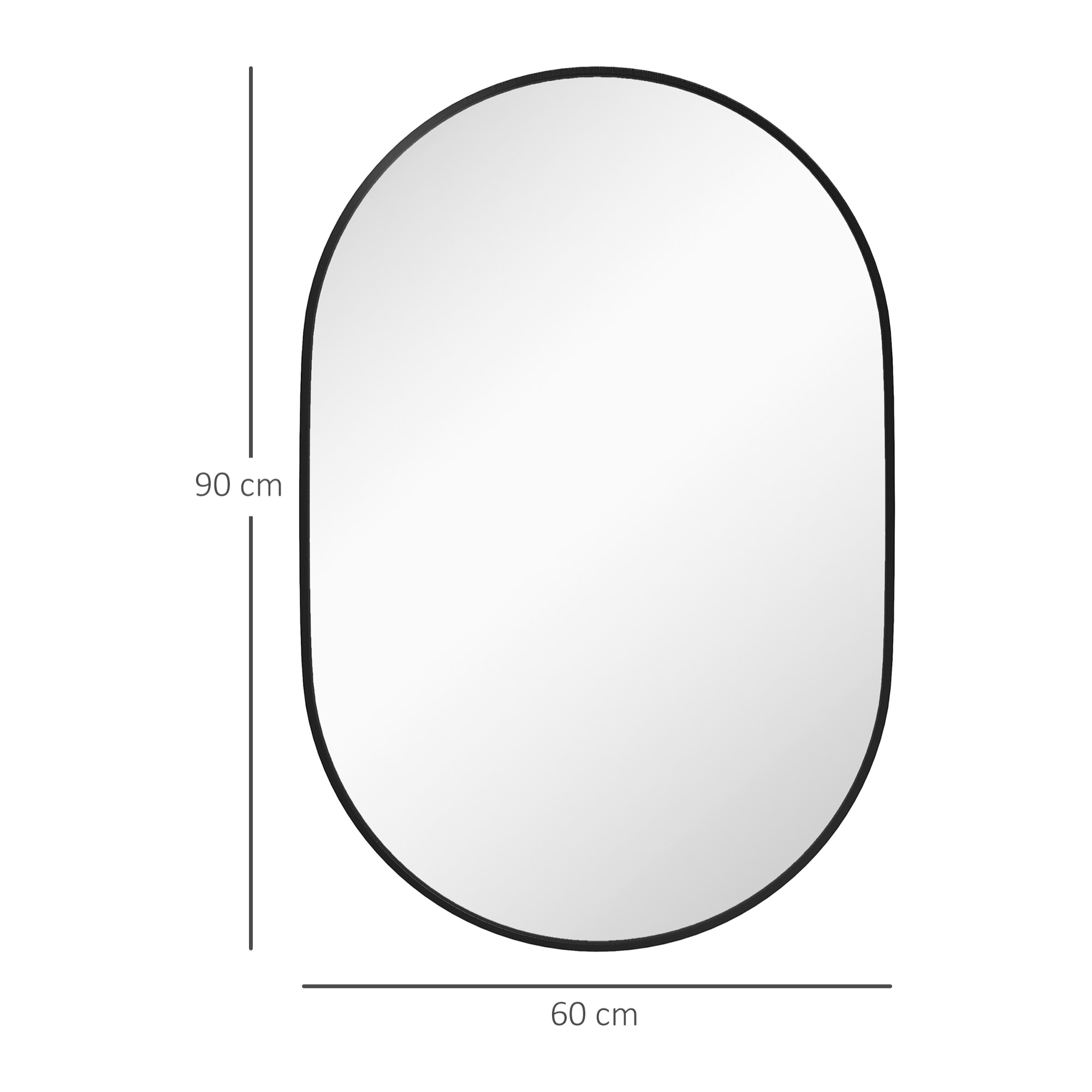 Miroir mural ovale dim. 60L x 90H cm cadre arrondi montage vertical/horizontal alu. noir