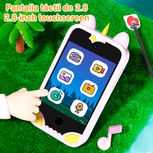Cámara infantil K8 con forma de teléfono. Con cámara dual de hasta 12MP, video de 1080p y pantalla táctil IPS de 2.8". Con funda de silicona de unicornio.