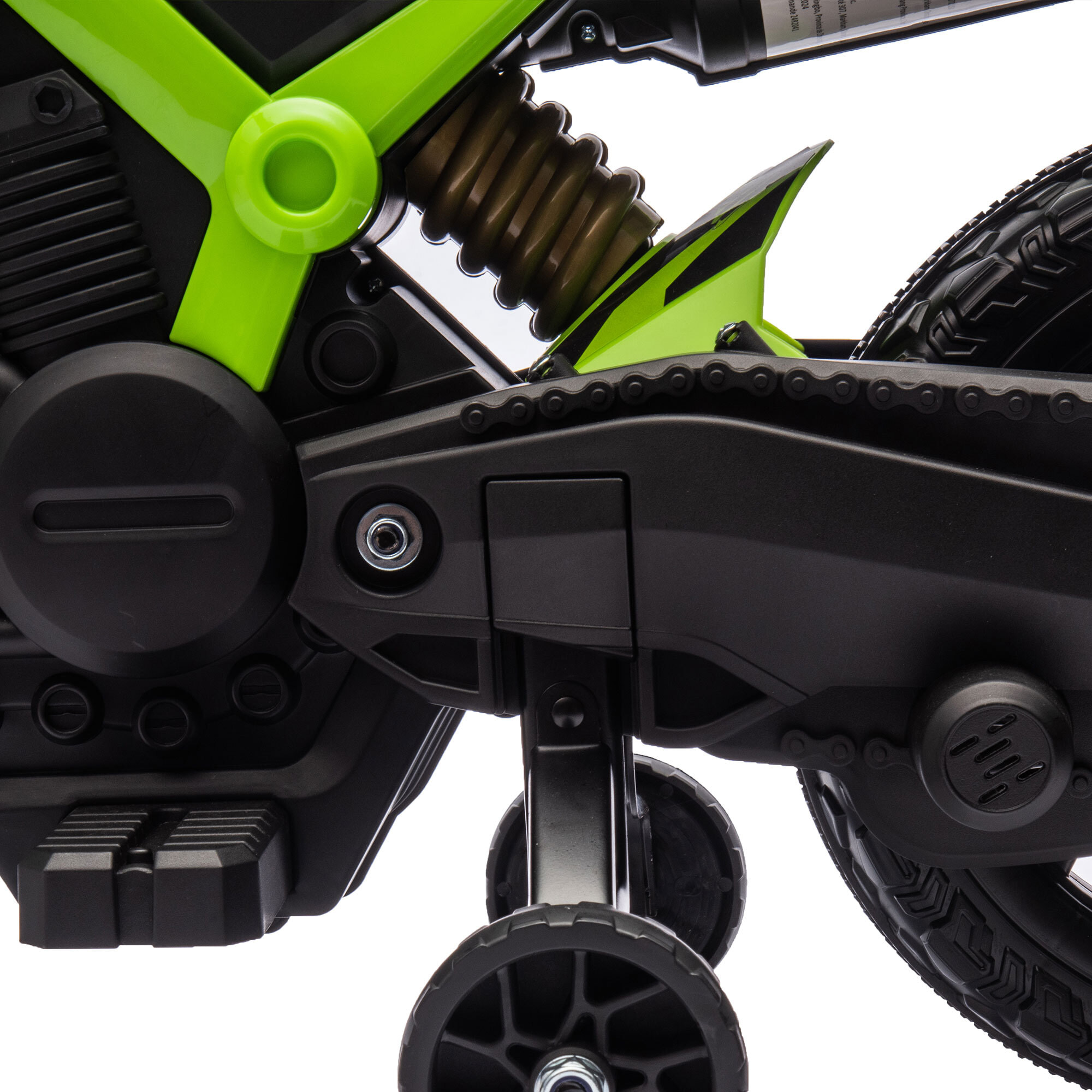 Moto Cross électrique enfant 6 V 2 moteurs effets sonores max. 3 Km/h 30 Kg avec stabilisateurs vert
