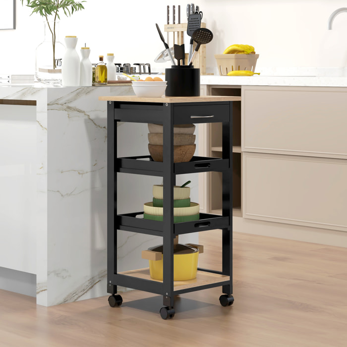 Chariot de service desserte de cuisine à roulettes 2 plateaux amovibles, tiroir, étagère MDF chêne clair bois pin noir