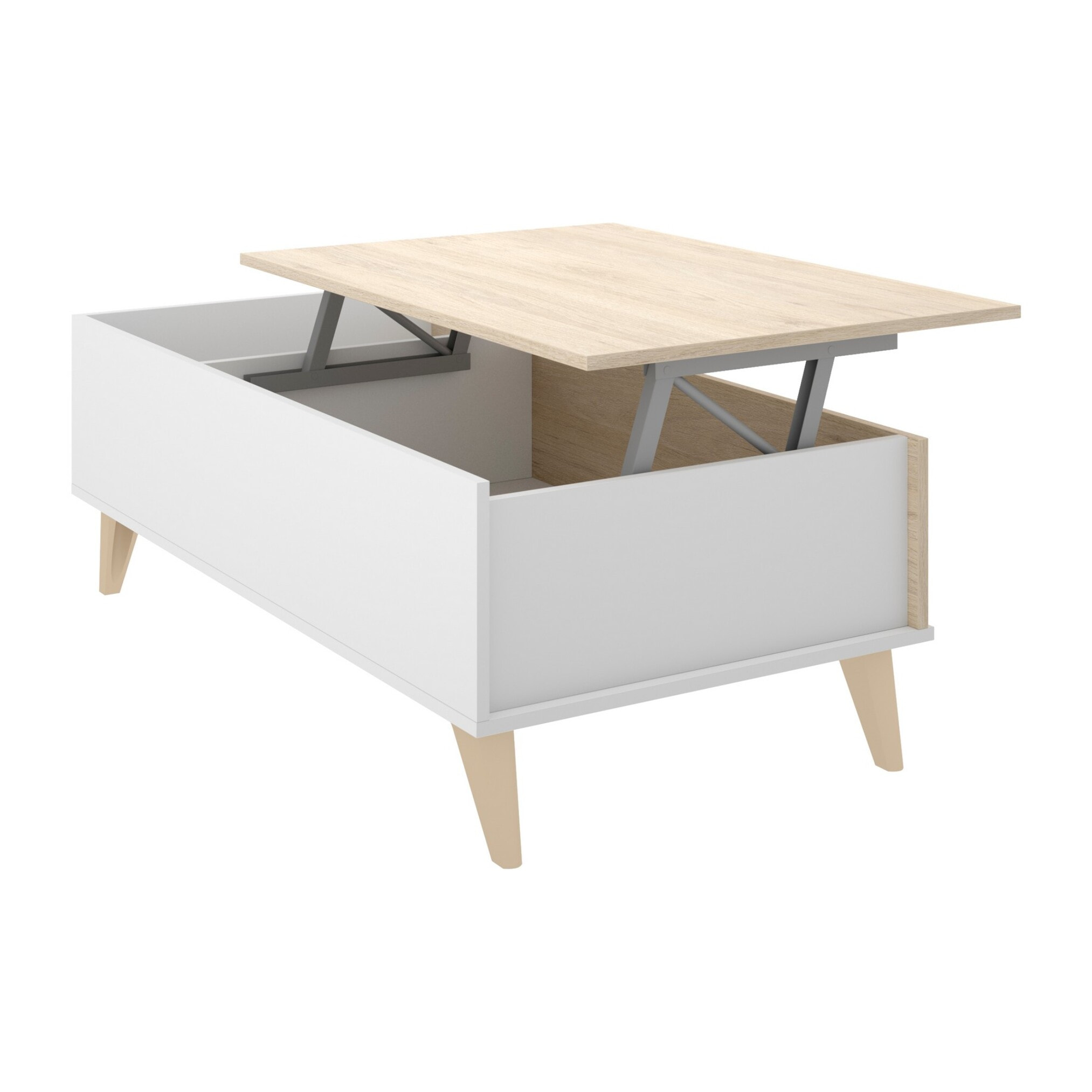 Tavolino da salotto Alexius, Porta riviste da soggiorno con vano portaoggetti, Tavolo basso da caffè elevabile, 99x60h41 cm, Rovere e Bianco