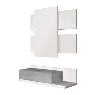 Mobile da ingresso Erie, Entratina sospesa con specchio, Mobile con cassetto per entrata, cm 75x29h90, Bianco e Cemento