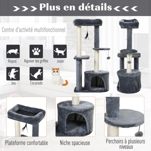 Arbre à chats avec griffoirs grattoirs sisal naturel centre d'activités niche plateformes 2 jouets suspendus gris