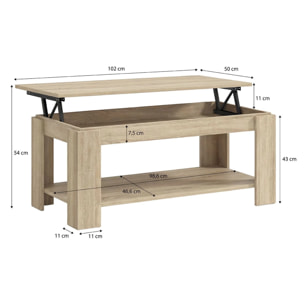 Mesa de centro elevable con almacenaje en roble canadian 102x43-54 cm Lya Roble Canadian