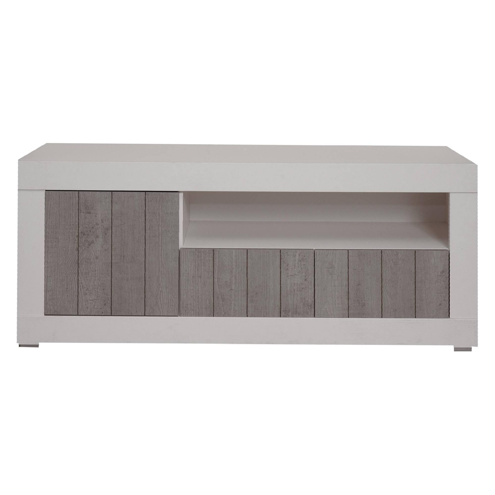 Mobile da soggiorno porta TV, Madia con scaffali e ripiani, Porta TV da salotto, cm 137x42h56, colore Bianco e Cemento