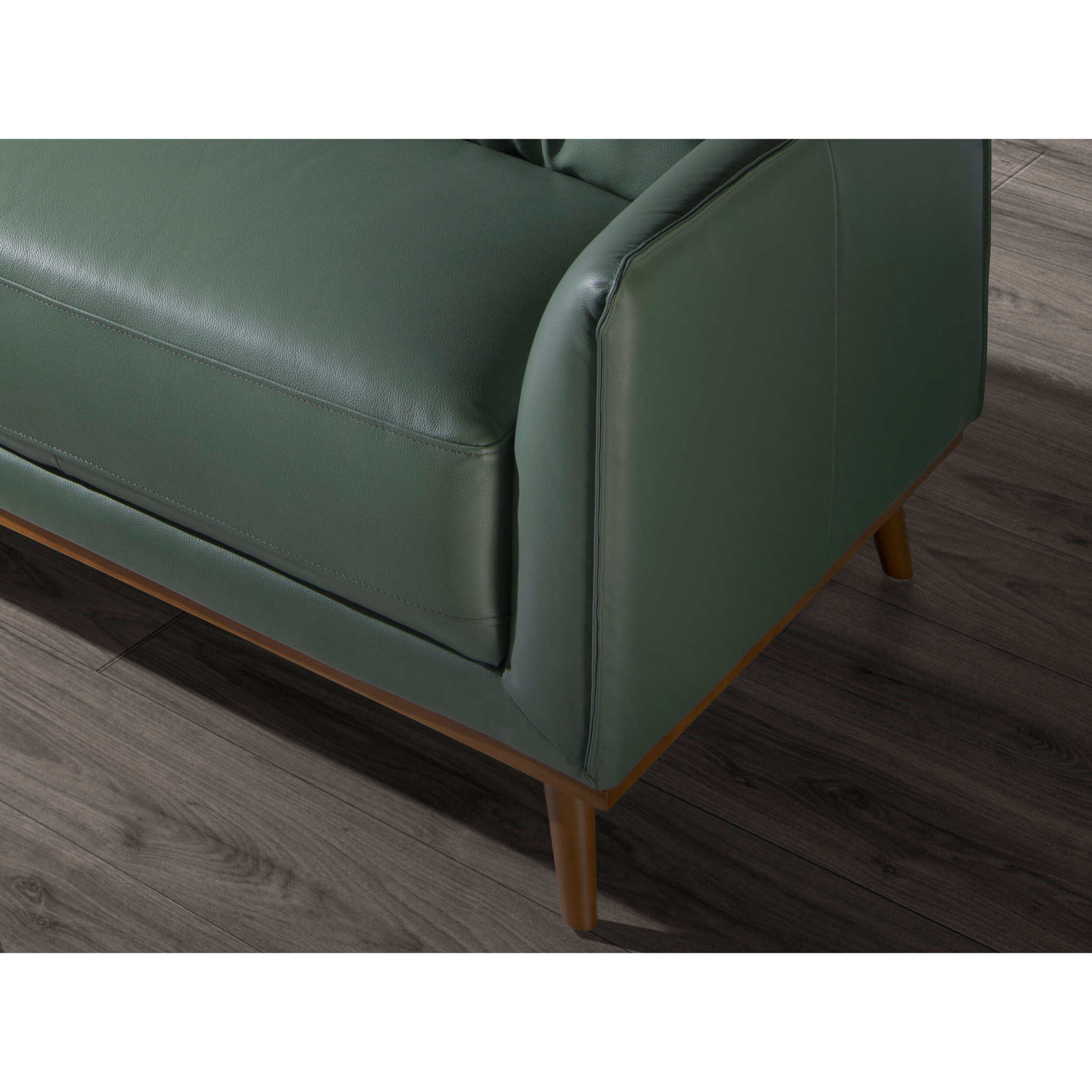 Sofá chaise longue izquierda de 5 plazas tapizado en piel de origen vacuno en verde patas de madera en miel 295x160x90cm
