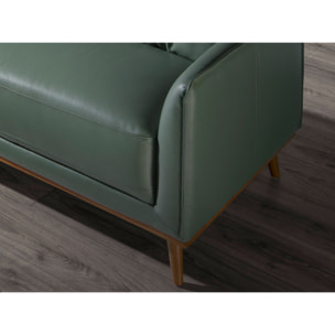 Sofá chaise longue izquierda de 5 plazas tapizado en piel de origen vacuno en verde patas de madera en miel 295x160x90cm