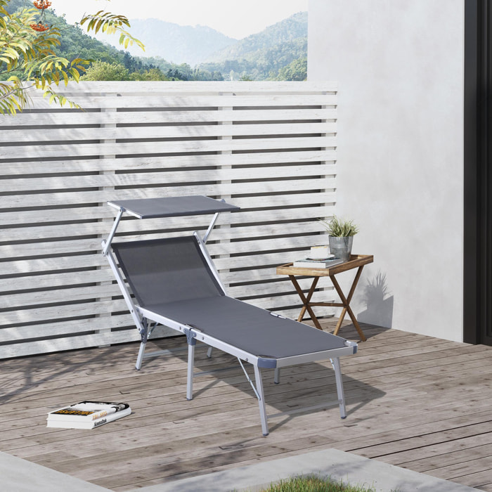 Transat bain de soleil pliable grand confort dossier et pare-soleil réglable alu. textilène gris