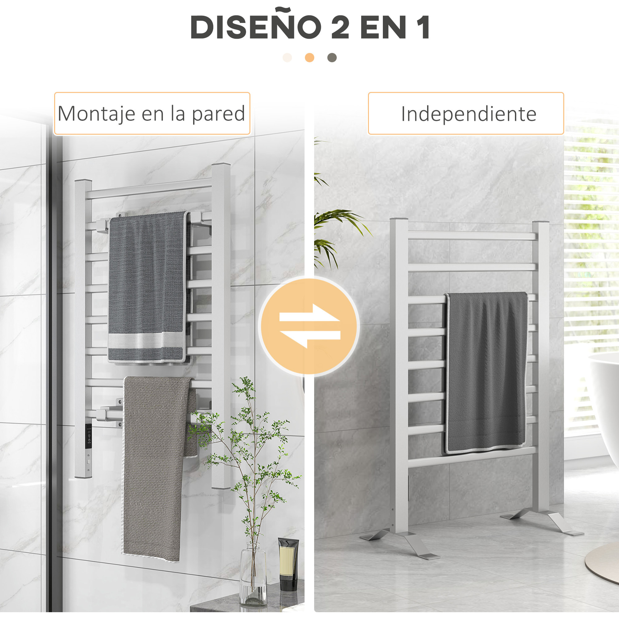 Toallero Eléctrico de Pared o Suelo 150â‚¬Â¯W Radiador Toallero Eléctrico de Aleación de Aluminio con Función de Temporizador y 8 Barras para Baño 53x35x90 cm Plata