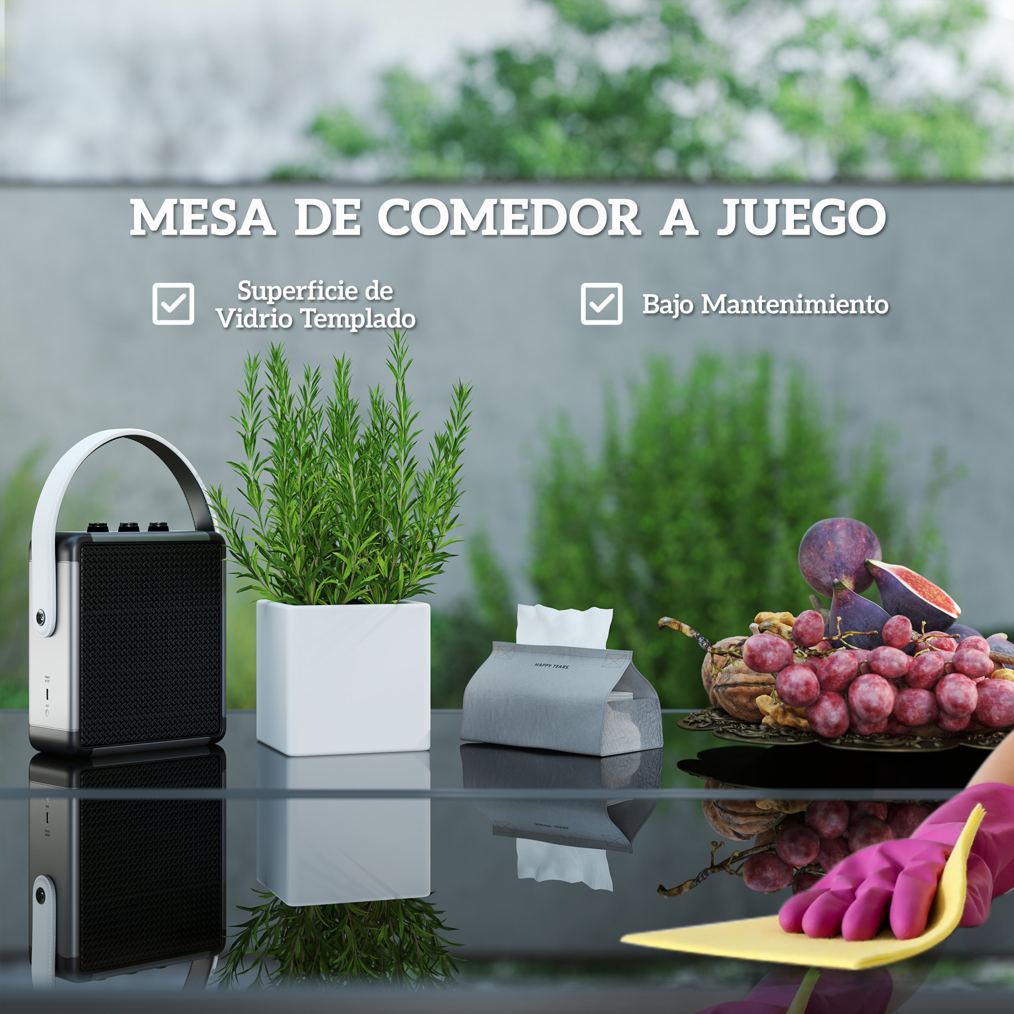 Conjunto de Muebles de Jardín Exterior de Ratán de 9 Piezas Conjunto de Jardin Exterior de Ratán Sintético con Mesa con Vidrio Templado 4 Sillas 4 Taburetes Impermeables Cojines Gris