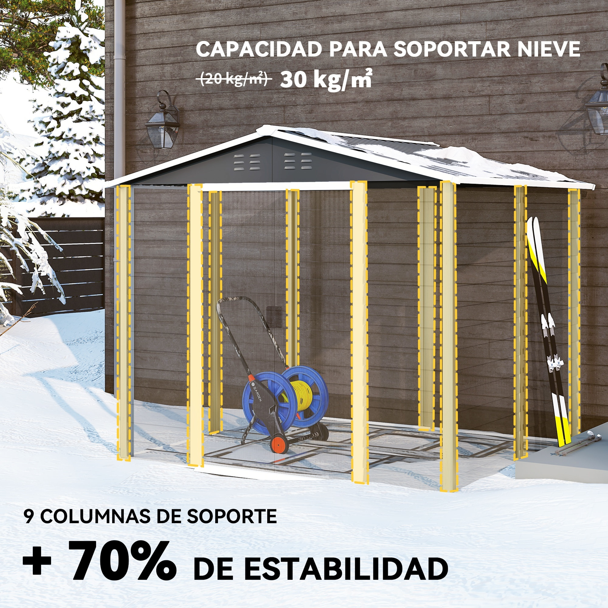 Caseta de Jardín Exterior 4,4 m², 240x206x198 cm, Cobertizo de Jardín Exterior Metálico con Base Refuerzo (Suelo NO Incluido), Puerta Corredera con Cerradura y 4 Ventanas para Patio, Gris