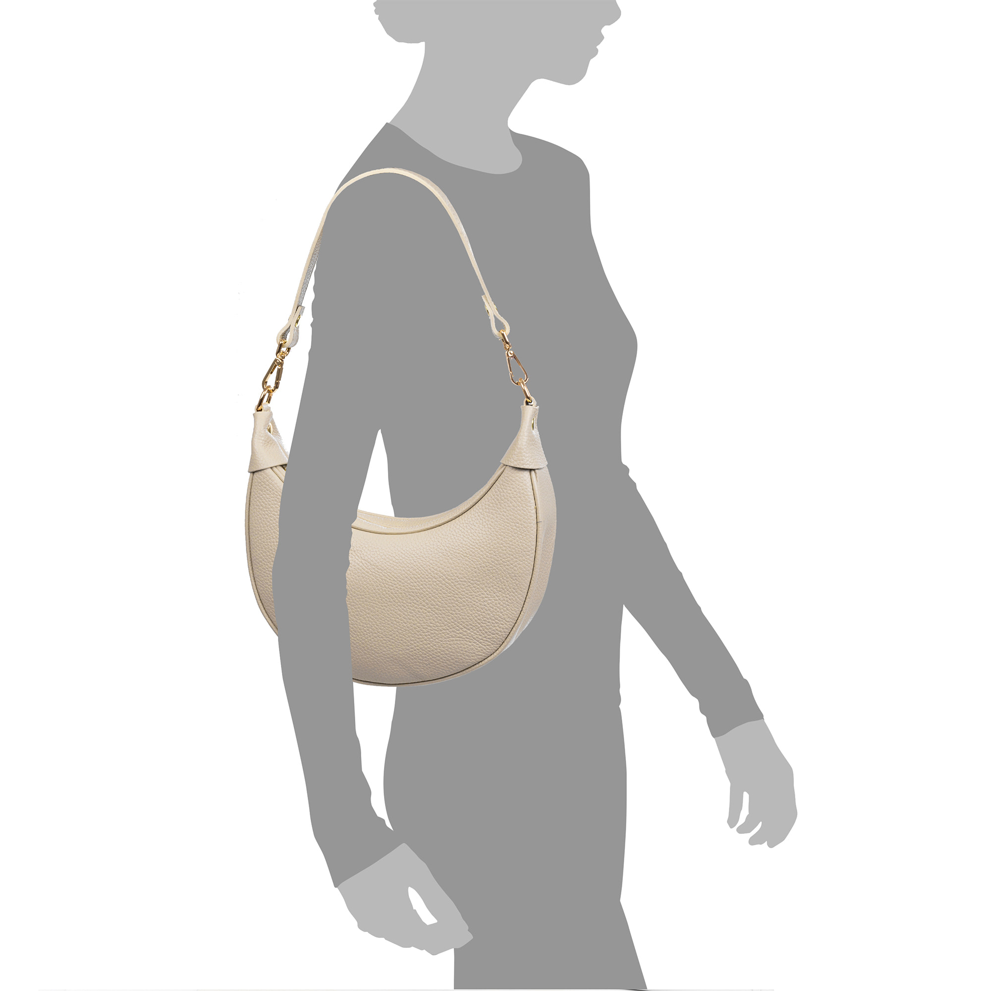 Asís bolso bandolera y mano, de piel auténtica acabado dollaro, con diseño en media luna.