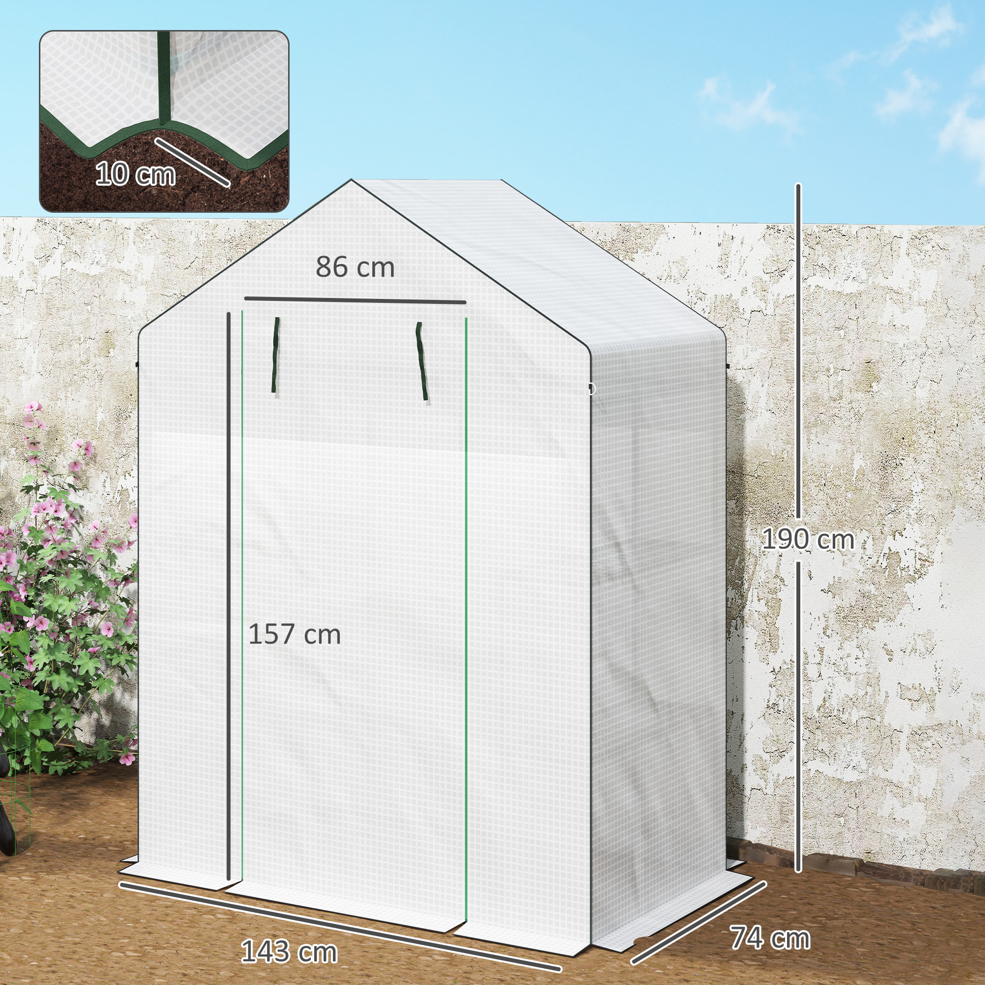 Invernadero de Exterior Invernadero Pequeño de 3 Niveles con 6 Estantes Puerta Enrollable Cubierta de PE y Marco de Acero para Cultivos Plantas Flores 143x74x190 cm Blanco