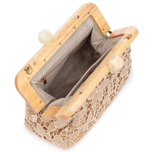 Borbera Bolso bandolera Mujer. Fabricado en madera natural, algodón y yute con diseño malla de tejido floral.