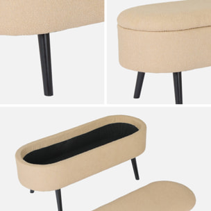 Banc coffre. bout de lit avec revêtement bouclette texturée. beige. pieds en bois noir. L 112 x 44 x 50cm