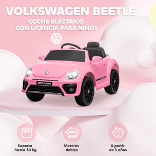 Coche Eléctrico para Niños de +3 Años Volkswagen Beetle Carro Eléctrico Infantil con Batería 12V Mando a Distancia Faros Bocina y Música Rosa