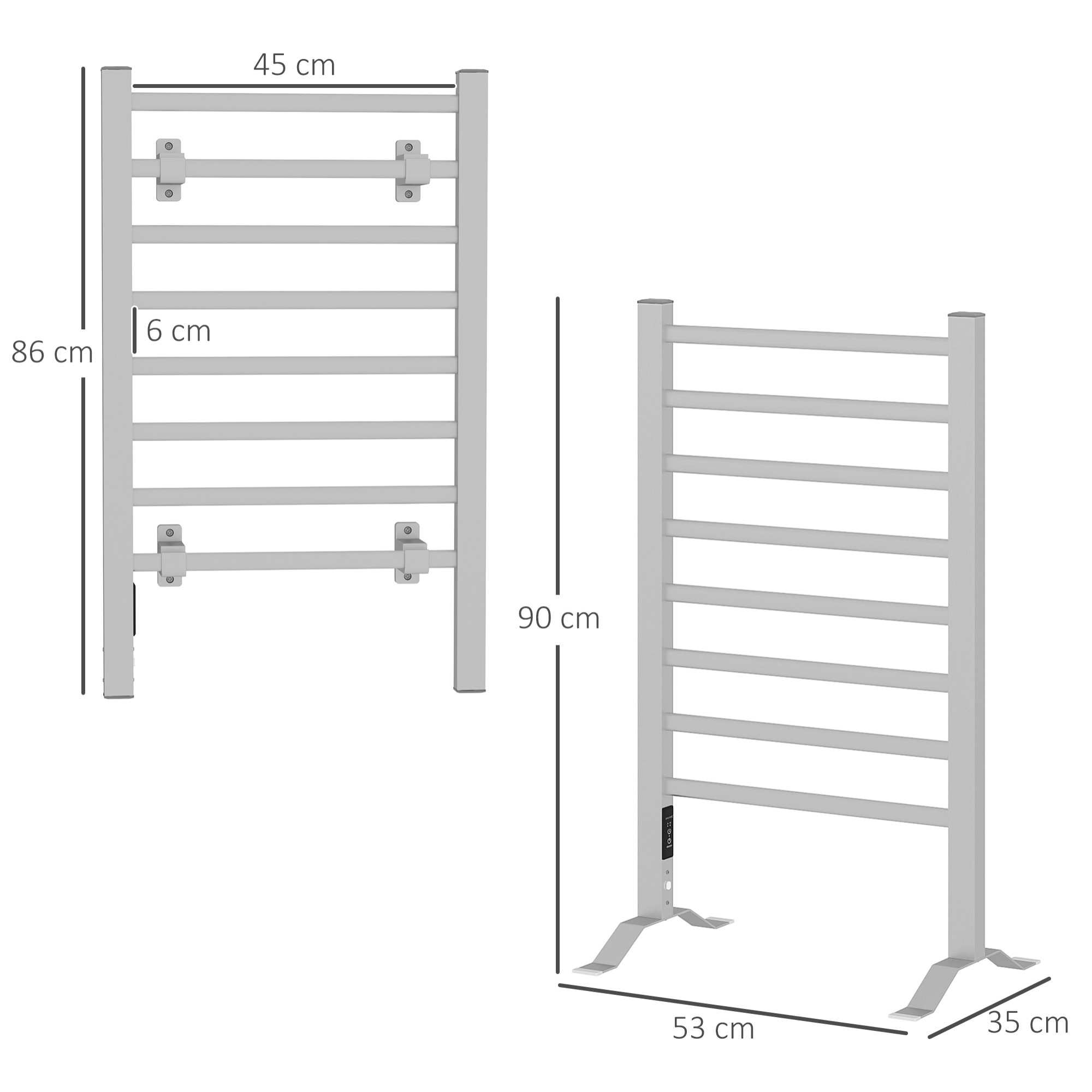 Toallero Eléctrico de Pared o Suelo 150â‚¬Â¯W Radiador Toallero Eléctrico de Aleación de Aluminio con Función de Temporizador y 8 Barras para Baño 53x35x90 cm Plata