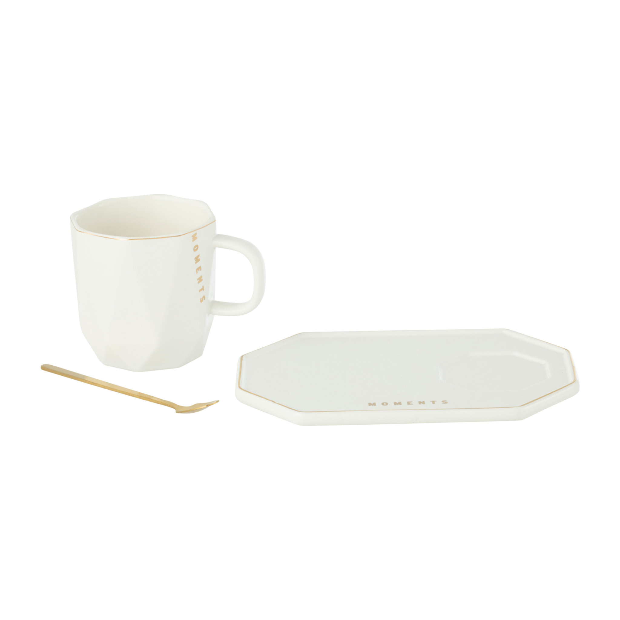 J-Line tasse + sous-tasse + cuillère Moments - céramique - blanc