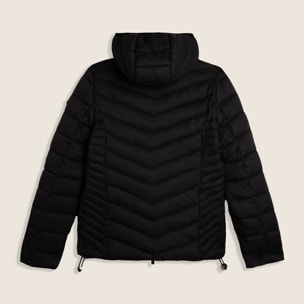 Piumino donna con cappuccio bordato e finitura lucida