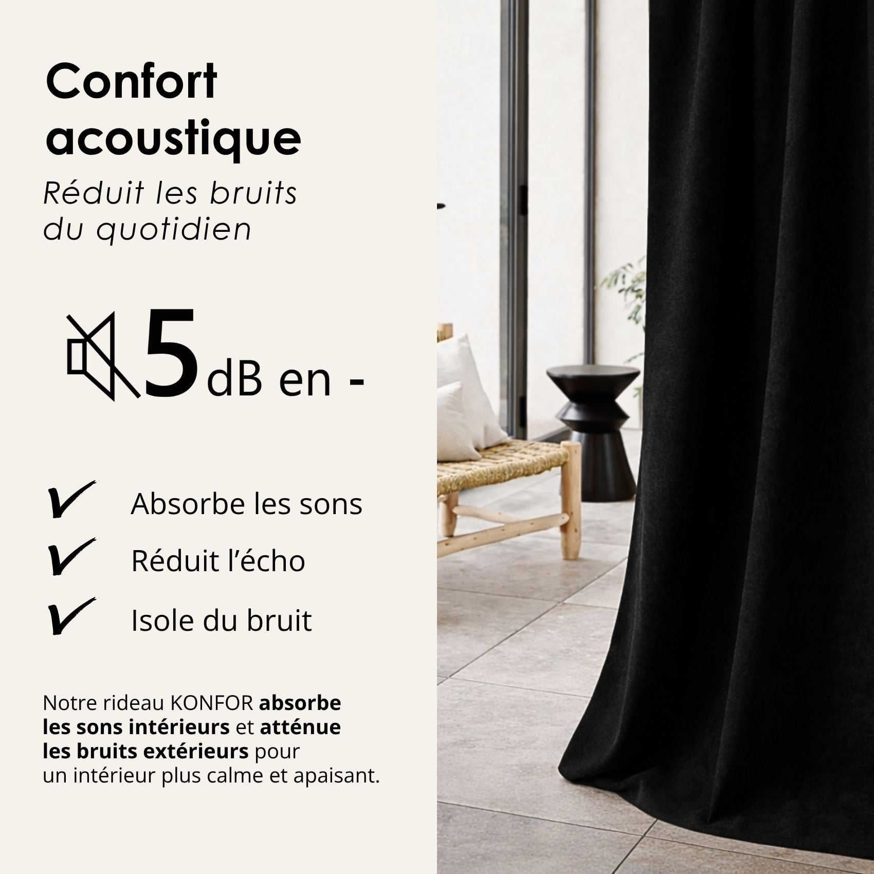 Rideau thermique phonique et semi occultant à galons fronceurs KONFOR - Noir