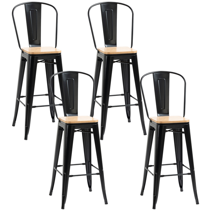 Lot de 4 tabourets de bar industriel avec dossier repose-pied hauteur assise 76 cm métal panneaux multicouches imitation bois clair