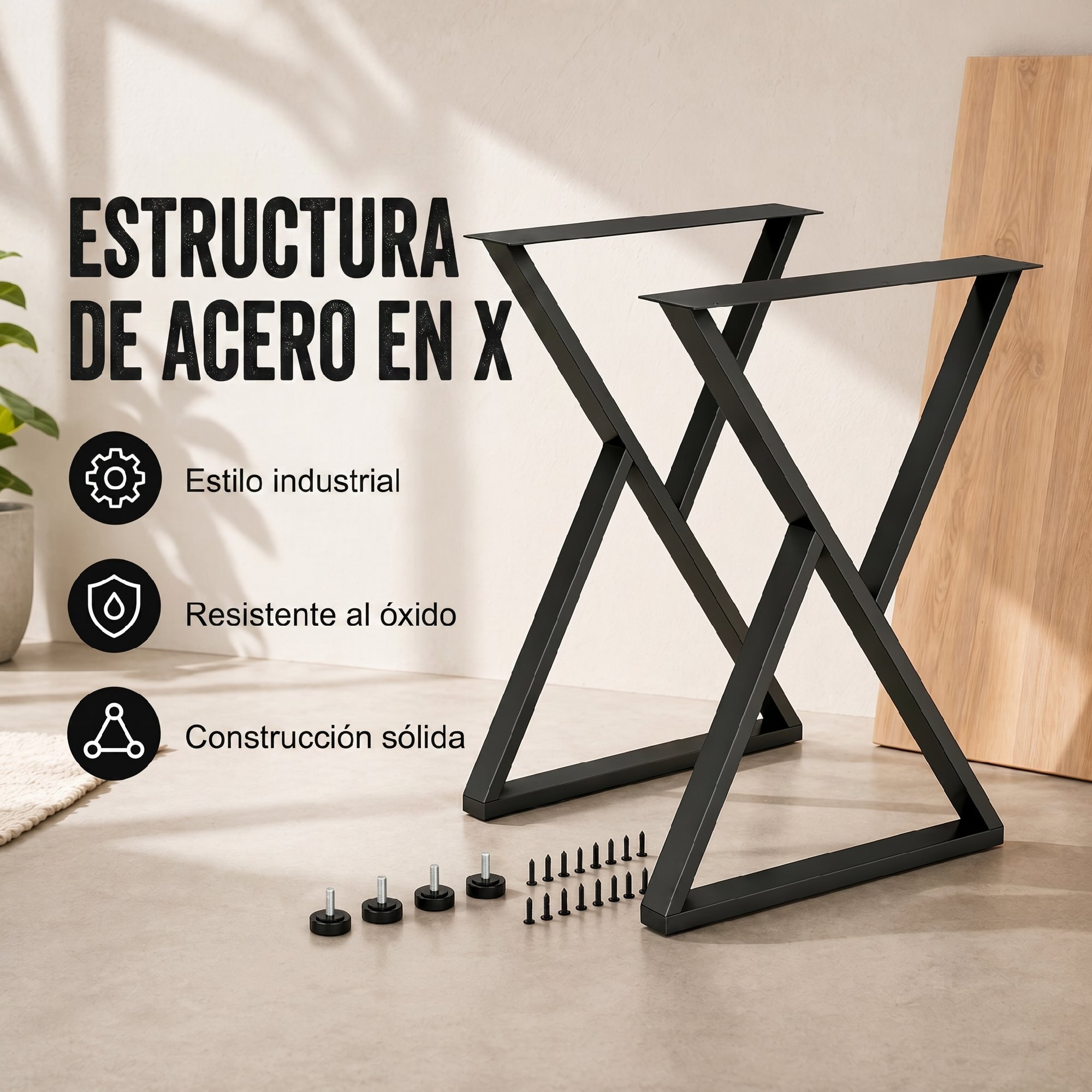 Patas de Mesa de Acero, Juego de 2 Patas en Forma de X para Muebles Industriales con Almohadillas Ajustables y Tornillos para Mesa de Comedor, Banco, 60x10x72 cm, Negro